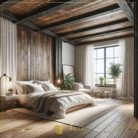 Rustic Bedroom with Polyurethane Beams and Elegant Wood Elements Rustic Elegance in Bedroom Design
The use of polyurethane beams in this bedroom design gives the impression of solid timber while offering