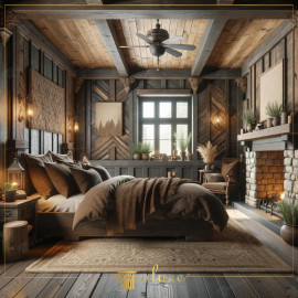 Rustic Bedroom Design with Polyurethane Wooden Beams and Modern Warmth Rustic Elegance with Polyurethane Wooden BeamsThe bedroom interior is defined by polyurethane beams that replicate the te