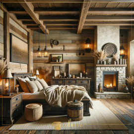 Rustic Bedroom with Polyurethane Beams and Natural Wood Accents Rustic Character Through Polyurethane BeamsThe design of this bedroom highlights the use of polyurethane beams, which rep