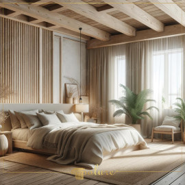Rustic and Classic Bedroom with Polyurethane Wooden Beams and Bright Natural Accents Rustic Luxury with Polyurethane Wooden BeamsThe bedroom showcases the warmth of polyurethane beams arranged across the ce