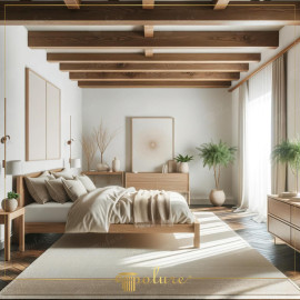 Warm Minimalist Bedroom with Polyurethane Beams and Rustic Classic Accents Rustic Charm and Minimal SimplicityThe bedroom design integrates polyurethane beams on the ceiling, which replicate the l