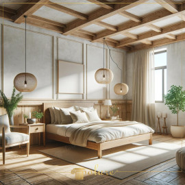 Modern Rustic Bedroom with Polyurethane Wood Beams and Natural Accents Modern Rustic HarmonyThe bedroom design presents a captivating balance of rustic warmth and contemporary simplicity. Poly