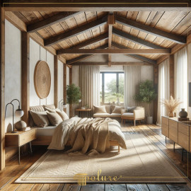Rustic Bedroom Design with Polyurethane Wood Beams and Natural Accents Rustic Atmosphere Created by Polyurethane Wood BeamsThe rustic character of this bedroom is deeply enriched by the inclusion of po