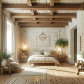 Modern Rustic Bedroom with Polyurethane Wood Beams and Natural Decor Rustic Elegance with Polyurethane Wood BeamsThe ceiling features exposed polyurethane wood beams that highlight a rustic 