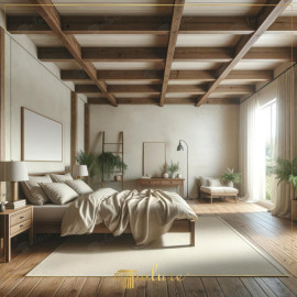 Rustic Bedroom Designs Equipped with the Elegance of Polyurethane Wooden Beams The bedroom in this picture combines the warmth and elegance of wooden beams made of polyurethane material with a contemporary rustic decoration appro