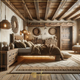 Rustic Bedroom Design with Polyurethane and Wood Harmony Rustic Bedroom with Polyurethane and Wood Harmony
The bedroom design presents an inviting rustic aesthetic where wood and
