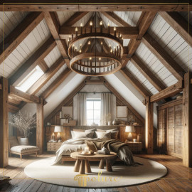Rustic and Modern Bedroom with Polyurethane Beams and Warm Textures Rustic Charm with Polyurethane BeamsThe bedroom showcases the refined use of polyurethane beams designed to resemble natu