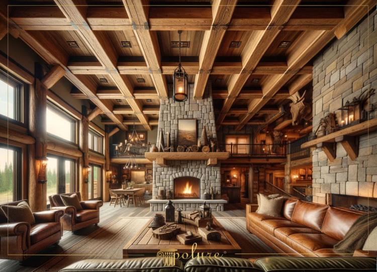 Rustic Mountain House Interior with Polyurethane Beams and Classic Stone Fireplace <h2>Rustic Elegance with Polyurethane Beams</h2><p>The interior captures the essence of a rustic mountain retreat through its use of <strong>polyurethane beams</strong> that replicate the texture and weight of natural wood. Arranged in a coffered pattern, these beams not only give depth but also add architectural rhythm to the ceiling. Such geometric designs have roots in classical architecture, where coffered ceilings were often used in Roman and Renaissance buildings.</p><p>At the center, a towering <strong>stone fireplace</strong> establishes itself as the heart of the living space. The stacked blocks feature rectangular and slightly irregular shapes, producing a strong sense of traditional masonry craft. Above the fireplace, wooden mantels carry detailed woodcuts and rustic decor, further enhancing the natural aesthetic.</p><h2>Harmonizing Wood, Stone, and Light</h2><p>The interior demonstrates a skillful balance of materials, with large leather sofas and <strong>warm lighting</strong> softening the rigidity of stone blocks and structured beams. Light pours through tall vertical windows framed by exposed logs, illuminating the earthy tones of stone and leather. Suspended chandeliers reference medieval ironwork, complementing the rustic luxury.</p><p>Carefully integrated motifs such as the carved animal figures and wooden textures reflect traditional lodge decoration. Combined with the durable yet lightweight polyurethane material, these details provide longevity, design flexibility, and a strong character true to rustic interiors.</p><h2>Design Notes on Geometry and Pattern</h2><p>The ceiling’s grid arrangement forms repeating squares, adding symmetry and order to an otherwise organic style. This repetition mirrors the stacked arrangement of stone blocks, creating harmony between ceiling and walls. The fireplace’s archway lends a subtle classical reference, bridging rusticity with timeless design.</p><ul><li>Coffered polyurethane ceiling with structured geometric patterns</li><li>Stone masonry with a blend of rectangular and irregular blocks</li><li>Contrasting leather, wood, and textile layers for warmth</li><li>Rustic lighting with lantern and chandelier elements</li></ul>

<p>This rustic mountain house interior highlights <strong>polyurethane beams</strong> forming a striking coffered ceiling. The design achieves warmth through deep wood textures and strong stone masonry. A tall <strong>stone fireplace</strong> dominates the living space as both a focal point and functional element. The geometric grid of the beams adds balance and architectural rhythm. Leather seating introduces softness against structural stone edges. Wide windows enhance the richness of natural materials with abundant light. Chandeliers and lanterns create atmospheric illumination. Symmetry in the ceiling mirrors the stacked stone wall patterns. The use of <strong>warm lighting</strong> enhances the earthy character of the room. Carved details bring handcrafted intimacy into the design. Classical influences in the coffered ceilings reference timeless architecture. The rustic lodge aesthetic feels luxurious yet natural. Polyurethane technology provides strength with lightweight durability. Decorative motifs integrate seamlessly into the overall style. Together, these elements form a cohesive vision of rustic elegance.</p>