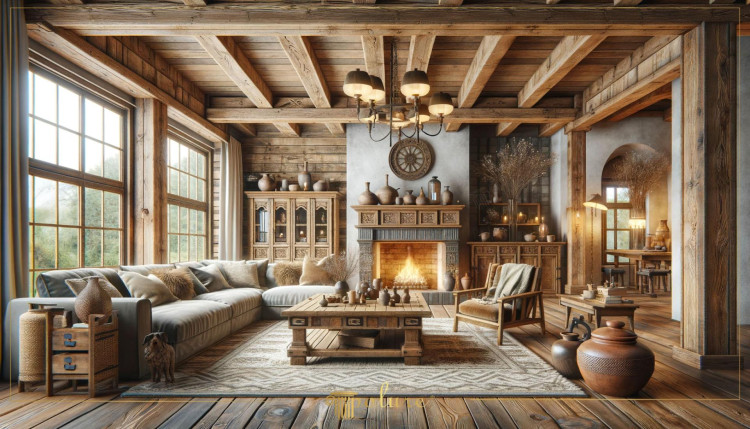 Rustic Classic Living Room with Ornamental Polyurethane Wood Art <h2>Rustic Ambience with Polyurethane Wood Art</h2><p>This rustic classic living room highlights the beauty of <strong>polyurethane</strong> finishes that imitate finely carved wooden textures. The ceiling beams are visibly raw, reinforcing the charm of natural construction methods.</p><p>The fireplace mantle is richly decorated with <strong>ornamental</strong> carvings, combining symmetrical motifs and linear patterns that create depth. Around it, vases, jars, and clay vessels enhance the atmosphere of tradition.</p><h2>Decor Elements and Artistic Touches</h2><p>The central table is built from massive wood with squared carved legs, giving a bold presence. Its surface is decorated with ceramic pieces that make reference to ancient crafts. The carpet beneath has a <strong>geometric</strong> design, with repetitive diamond motifs that harmonize with the linear wooden planks of the floor.</p><p>Large glass windows framed with dark wood allow natural light to enter. This contrasts with the warm interior tones of <strong>rustic</strong> clay, earth-colored walls, and upholstered textiles. A wrought iron chandelier with soft lighting reinforces the classical dimension of the room.</p><h2>Historical Note</h2><p>Rustic carved patterns are stylistically related to medieval woodwork, where symmetry and plant-inspired motifs were common. The use of <strong>classic</strong> detailing alongside modern polyurethane reproductions creates a durable and impressive balance.</p>

<p>This rustic living room combines <strong>polyurethane</strong> artistry with traditional wood finishes. Carved details on the fireplace establish a classical atmosphere. The ceiling beams emphasize a strong structural rhythm. A plush sofa brings modern comfort into the rustic composition. The use of <strong>geometric</strong> carpet motifs adds refined harmony. Clay vessels highlight earthy authenticity. Warm lighting from the chandelier enhances the charm. Large windows provide natural brightness. The coffee table features bold carved forms. The cabinet’s detailed carvings anchor the space. Upholstered cushions soften the overall balance. The dining space continues the rustic flow. <strong>Ornamental</strong> accents enrich the design aesthetic. Historical inspiration connects wood art to heritage. This <strong>classic</strong> rustic interior unites tradition and artistry seamlessly.</p>