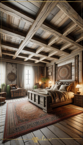 Rustic Polyurethane Bedroom Design with Decorative Beams and Classic Accents <h2>Rustic Elegance Through Polyurethane Design</h2><p>The bedroom exemplifies the harmony between modern material innovation and classic rustic ambiance. The ceiling is defined by <strong>polyurethane beams</strong> seamlessly shaped into a coffered grid, mimicking aged timber while maintaining lightweight strength. This geometric lattice produces a sense of symmetry and depth that enhances the room’s atmosphere.</p><p>The interior design emphasizes <strong>rustic bedroom</strong> traditions with decorative motifs carved into the bedframe and repeating wooden patterns on the walls. The wall art above the bed showcases intricate mandala-inspired motifs, providing a cultural accent that naturally ties into the overall <strong>classic style</strong>.</p><h2>Decorative Motifs and Materials</h2><p>The richly patterned rug introduces warm colors into the floor, complementing the subtle tones of the polished yet weathered planks. The textiles on the bed, from layered blankets to soft cushions, reinforce the cozy appeal. Decorative greenery, antique furniture, and accent lamps help balance heavy wood with lighter, organic touches.</p><p>Historically, coffered ceilings date back to Renaissance palaces, where pattern and depth were used to elevate interiors. By adopting polyurethane for these <strong>beam designs</strong>, the concept becomes both accessible and practical for modern projects.</p><ul><li>Geometric grid ceiling with detailed coffer patterns</li><li>Intricate wall art with medallion-style ornamentation</li><li>Combination of aged wood textures and soft lighting</li><li>Balanced contrast between tradition and comfort</li></ul><p>Together, these design elements illustrate how <strong>rustic design</strong> can blend with practical materials to create serene yet impressive bedrooms.</p>

<p>This rustic bedroom demonstrates how thoughtful <strong>polyurethane beams</strong> bring structure and elegance. The coffered ceiling creates rhythmic visual depth across the room. Wall panels are adorned with layered patterns that reinforce rustic atmosphere. A richly detailed medallion art enhances cultural connections. Wooden elements balance durability with visual warmth. Plush textiles soften the bold architecture for comfort. Natural light filters through, adding balance and brightness. A patterned rug injects character while connecting tones. Antique furnishings enhance authenticity in the setting. Greenery accents relieve the dominance of wood. Carefully placed lamps amplify intimacy at night. The bed itself anchors the composition with crafted geometry. Cohesion is achieved without overwhelming complexity. The rustic motif remains consistent and harmonious. Overall, the space shows how <strong>rustic bedroom</strong> design integrates tradition with modern material strength.</p>