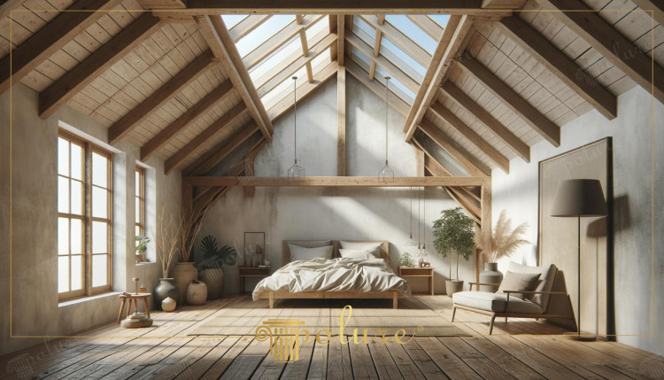 Modern Rustic Bedroom with Polyurethane Beams and Natural Accents <h2>Modern Rustic Atmosphere with Polyurethane Beams</h2>
<p>Polyurethane beams are a practical and aesthetic alternative to natural wood, providing both durability and lightness. In this bedroom, the beams are arranged diagonally along the pitched roof, forming a striking geometric rhythm above the bed. Their texture and tone echo real timber, reinforcing a <strong>rustic</strong> atmosphere while maintaining structural efficiency.</p>
<p>The wide skylights above the bed frame the ceiling like a natural canvas, highlighting the warm hues of the beams. Sunlight falling between the structural lines enhances the tactile appeal of the <strong>wooden floor</strong>, bringing the raw beauty of natural textures into sharp relief. This combination of natural light and timber-inspired elements creates an inviting modern rustic environment.</p>
<h2>Harmony of Textures and Decorative Motifs</h2>
<p>Alongside the architectural detailing, decor is kept simple yet expressive. Large clay pots, woven details, and abundant indoor plants heighten the organic character of the room. These elements evoke historical design traditions, where natural motifs and earthenware contributed to the identity of classical interiors. Such details align harmoniously with the <strong>polyurethane beams</strong>, producing a rich dialogue between structure and decoration.</p>
<p>The floor, with its visible grain and slightly irregular planks, strengthens the sense of authenticity. The walls, softly finished with plaster, act as a neutral backdrop for the beams and allow the interplay of light and shade to take center stage. This blend of modest materials underscores the <strong>modern rustic</strong> theme.</p>
<h2>Furniture and Spatial Composition</h2>
<p>The bed, with clean lines and neutral linens, is positioned symmetrically between the beams, amplifying the room’s geometric order. Minimalist side tables and slender pendant lamps keep the arrangement functional yet distinctive. A simple wooden bench and soft armchair extend the living function of the bedroom, highlighting balance between <strong>classic</strong> tradition and modern comfort.</p>
<p>Together, these compositional choices culminate in an interior that draws inspiration from the timeless rustic idiom while looking firmly toward contemporary style.</p>

<p>This modern rustic bedroom embraces the balance of tradition and contemporary aesthetics. Polyurethane beams mimic real timber with authentic texture. The beams create geometric patterns that emphasize the sloped ceiling. Large skylights enhance natural light across the room. Wooden flooring with visible grain brings warmth and depth. Plaster-finished walls offer a subtle neutral backdrop. Clay vases and woven decorations highlight earthy motifs. Indoor plants reinforce organic and natural connections. Minimalist furniture balances rustic richness with simplicity. Clean architectural lines ensure a contemporary feel. Strong structural rhythm gives harmony to the design. Light and shadow interaction emphasize the beams effectively. The overall result merges rough and refined elements. The room feels timeless and soothing at once. This design embodies the essence of a <strong>modern rustic</strong> retreat.</p>