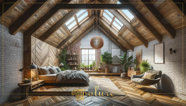 Camera da letto loft rustica con travi in poliuretano e dettagli naturali <h2>Design rustico e dettagli architettonici</h2><p>Questa camera da letto loft si distingue per l'uso di <strong>travetti in poliuretano</strong> che riproducono fedelmente la texture naturale del legno. Le linee oblique del tetto con struttura a capriate mettono in risalto la geometria dello spazio, mentre i mattoni a vista conferiscono autenticità.</p><p>Il pavimento presenta un disegno a <strong>spina di pesce</strong> che introduce movimento visivo e una raffinata continuità estetica. La parete dietro il letto è rivestita con pannelli lignei disposti a motivi <strong>chevron</strong>, creando un contrasto armonico con i mattoni e richiamando la tradizione artigianale. Nella storia dell'architettura, i motivi a spina e chevron erano già utilizzati in contesti rinascimentali e barocchi come simboli di eleganza.</p><h2>Luce, forme e materiali</h2><p>La stanza è attraversata da abbondante <strong>luce naturale</strong> grazie a grandi lucernari, che valorizzano la venatura del legno e le superfici materiche. Il design si completa con arredamento minimale: un letto basso con testiera in legno, sedute ergonomiche e piante in vasi di terracotta e fibre naturali.</p><p>Ogni elemento segue un linguaggio formale coerente, dove le <strong>texture</strong> naturali e i colori caldi favoriscono un’atmosfera rilassante. Il lampadario centrale in fibra intrecciata arricchisce il gioco di geometrie circolari e angolari, bilanciando la struttura lineare del tetto. Il risultato è un ambiente che unisce stile rustico, influenze classiche e comfort moderno.</p>

<p>Questa camera da letto loft con travi in <strong>poliuretano</strong> valorizza la bellezza del legno rustico. Le pareti in mattoni a vista creano un'atmosfera autentica. Il pavimento a <strong>spina di pesce</strong> aggiunge movimento visivo. La testiera con motivo <strong>chevron</strong> introduce un dettaglio elegante e artigianale. I lucernari portano abbondante <strong>luce naturale</strong> nello spazio. La scelta di mobili bassi e lineari favorisce il comfort. Le piante indoor rafforzano la connessione con la natura. Le tonalità calde del legno rendono l’ambiente accogliente. La lampada a sospensione in fibra intrecciata aggiunge equilibrio geometrico. Gli arredi minimali creano ordine visivo. La presenza di texture diverse arricchisce il carattere. Ogni elemento dialoga con coerenza stilistica. La combinazione di tradizione e modernità è ben calibrata. L’uso del poliuretano garantisce leggerezza strutturale. L’intero insieme offre un equilibrio tra eleganza rustica e funzionalità contemporanea.</p>