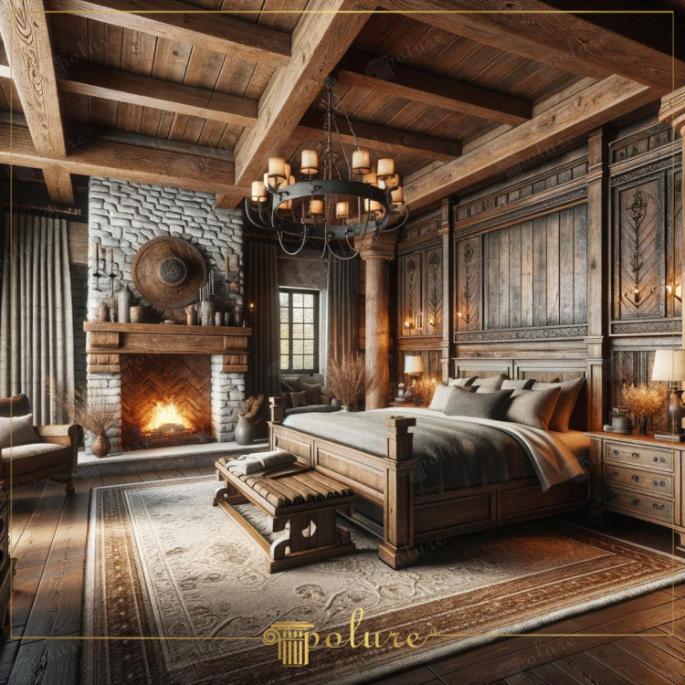 Camera da letto classica con travi in poliuretano e fascino rustico <h2>Equilibrio tra stile classico e rustico</h2><p>Questa camera da letto unisce il carattere <strong>rustico</strong> del legno con dettagli di <strong>design classico</strong>. Le travi in poliuretano sul soffitto offrono la solidità estetica del legno antico senza i limiti strutturali, arricchendo l’atmosfera con geometrie lineari e robuste.</p><p>I pannelli dietro il letto sono decorati con <strong>motivi geometrici</strong> e disegni floreali scolpiti che ricordano la tradizione artigianale. Questi elementi non solo danno un senso di maestosità, ma richiamano anche le decorazioni ornamentali dell’architettura storica, dalla classicità greca fino alle reinterpretazioni rinascimentali.</p><h2>Dettagli materici e decorativi</h2><p>Il grande camino in pietra bilancia la scena con la sua texture naturale, mentre il lampadario in ferro battuto integra forme circolari che spezzano la rigidità delle linee. Il tappeto con motivi arabescati e nuance terrose rafforza l’arredo creando comfort visivo e tattilità.</p><ul><li>Travi in poliuretano con finitura legno invecchiato</li><li>Pannelli murali intagliati a motivi classici</li><li>Arredi in legno massiccio con decorazioni</li><li>Lampadario in ferro battuto</li><li>Camino in pietra con disposizione a spina di pesce</li></ul><p>Nel corso della storia, elementi come colonne e travature lignee sono stati reinterpretati a più riprese: dalle basi doriche antiche ai dettagli lignei delle dimore alpine, oggi rivivono in soluzioni innovative come il poliuretano decorativo.</p>

<p>Questa camera da letto combina il fascino classico con la forza del <strong>rustico</strong>. Le travi in poliuretano creano un effetto autentico e solido. I pannelli sono arricchiti con <strong>motivi geometrici</strong> e floreali. Il camino in pietra aggiunge calore visivo e materico. L’arredamento in legno massiccio dona carattere imponente. Il lampadario in ferro battuto rafforza lo stile tradizionale. Il pavimento scuro armonizza la composizione. Il tappeto con disegni arabescati porta comfort estetico. La stanza trasmette equilibrio e intimità. Le decorazioni scolpite richiamano la classicità architettonica. L’uso del poliuretano rende il design pratico e leggero. I contrasti cromatici creano profondità armoniosa. La combinazione di materiali naturali arricchisce la scena. Le texture rendono lo spazio caldo e invitante. È un interno che rappresenta eleganza senza tempo.</p>