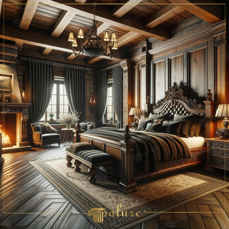 Keeping Old Time Elegance Alive with Modern Touches Rustic and Polyurethane Wooden Beam Bedroom Every corner of this bedroom displays the perfect harmony of rustic design and polyurethane wooden beams. The beams decorating the ceiling and the wooden panel work on the walls add depth and character to the space, while the flickering flames next to the fireplace fill the room with a warm ambience. Geometric parquet patterns on the floor and heavy curtains are classic reflections of luxury and comfort. Each accessory and piece of furniture in the room brings the splendor of the past to contemporary living spaces and creates a timeless aesthetic.