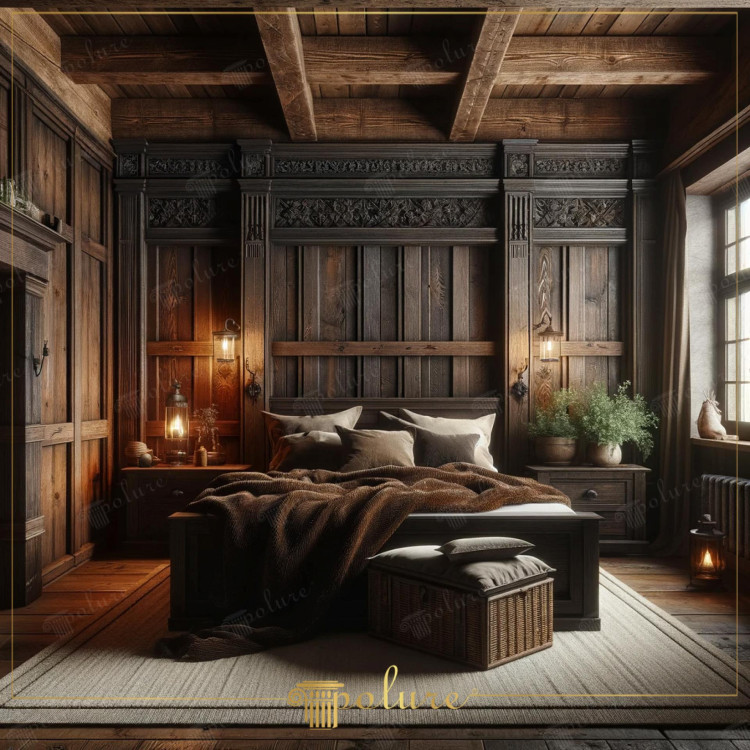 Rustic Bedroom Design with Polyurethane Beams and Antique Wooden Details <h2>Warmth Through Architectural Wooden Elements</h2><p>The bedroom design highlights the use of <strong>polyurethane beams</strong> that emulate authentic timber structures, offering durability while capturing natural warmth. These beams run across the ceiling in a grid-like geometry, reinforcing a sense of balance and stability throughout the composition.</p><p>The elaborate headboard wall is framed with antique-style carved patterns, including <strong>floral motifs</strong> and repeating linear designs that bring an ornate classical feel to the rustic theme. Dark wooden panels intensify the sense of embrace, drawing attention to the fine craftsmanship of each carved surface.</p><h2>Textures, Light, and Ornamentation</h2><p>Soft fabrics and neutral bedding balance the sturdy mood of the wood, while warm lantern lights on both sides of the bed highlight ornamental details. Subtle basket weave accents and natural textiles contribute a tactile richness that enhances the layered look of the room.</p><ul><li>The geometric arrangement of beams creates rhythm.</li><li>The carved motifs show a connection to historical decorative traditions.</li><li>The balanced tones of wood and textiles generate warmth and calm.</li></ul><p>Historically, the use of carved ornamentation in interiors can be traced back to classical European traditions, where motifs symbolized both status and artistry. This history resonates here while remaining functional and inviting.</p>
<p>This rustic bedroom design emphasizes natural warmth with <strong>polyurethane beams</strong> that reinforce architectural authenticity. Intricately carved <strong>wooden details</strong> enrich the setting with historical depth and ornamental refinement. A balanced use of robust geometric ceiling beams creates a structured and secure look. Atmospheric lantern lighting introduces a nostalgic glow that highlights antique textures. The headboard wall features pronounced <strong>floral motifs</strong> and linear carvings that echo classical traditions. Dark-toned panels provide contrast and visual weight, intensifying the rustic character. Natural fabrics and earthy tones soften the interior for comfort. A woven basket adds tactile detail and functionality at the foot of the bed. Subtle layering of textures creates harmony and warmth across the space. Decorative precision communicates artisanal tradition while remaining practical. Historical echoes of European carving bring elegance to the rustic theme. The integration of solid forms and soft textiles defines a serene overall effect. Every design element collaborates to establish intimacy and charm. The carved compositions merge strength with serenity. This design captures rustic sophistication through timeless <strong>craftsmanship</strong> and finely textured detail.</p>