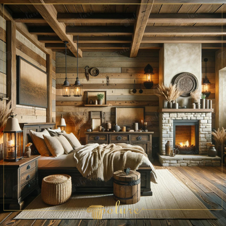 Rustic Bedroom with Polyurethane Beams and Natural Wood Accents <h2>Rustic Character Through Polyurethane Beams</h2><p>The design of this bedroom highlights the use of <strong>polyurethane beams</strong>, which replicate the look of solid timber while providing lightweight functionality. These beams frame the ceiling with a structured rhythm, complementing the layered <strong>natural wood</strong> panels on the walls. The interplay between dark grain lines and lighter cuts of wood creates a geometric tapestry on the surfaces.</p><h2>Timeless Fireplace and Stone Motifs</h2><p>The fireplace is clad in stacked <strong>stone</strong>, forming a focal point that radiates warmth. Above it, round medallion motifs add a hint of historical classical heritage, referencing the age-old traditions of European craftsmanship. The organic texture of pampas grass and clay vessels softens the geometry of the stonework.</p><h2>Decorative Details and Material Harmony</h2><p>Wooden furniture pieces feature carved details and dark stains that reinforce a <strong>rustic style</strong>. Lantern pendants suspended from black iron chains bring an atmospheric light over the bedside. A woven basket, barrel stool, and layered throw blankets with subtle linear motifs add tactile contrasts. The long horizontal planks on the wall expand the perception of space while establishing an ordered rhythm.</p><p>Historically, timber framing and decorative beams were central to rustic architecture, appearing as early as medieval Europe. The use of polyurethane in this setting allows for the same aesthetic impact with easier installation and durability.</p><ul><li>Polyurethane beams emphasize rustic ceiling architecture.</li><li>Stone fireplace adds authenticity and warmth.</li><li>Wood grains display subtle geometric motifs.</li><li>Metal lanterns enhance atmospheric lighting.</li><li>Natural elements like pampas grass balance textures.</li></ul>

<p>This rustic bedroom design blends <strong>polyurethane beams</strong> with warm natural wood tones to create an inviting retreat. Horizontal wood panels with visible <strong>grain patterns</strong> form a layered geometric backdrop. A stone fireplace anchors the room while radiating natural warmth. The space integrates barrel-shaped stools and woven baskets for tactile charm. Lantern-style pendant lighting enhances the rustic atmosphere. Classical carved motifs on the furniture enrich the timeless design. Decorative vases and pampas grass add natural softness to hard architectural lines. A mix of light and dark wood highlights the ceiling composition. Geometric plank arrangements expand the perception of space. Soft throws and cushions provide layered comfort. The fireplace medallion references historical European artistry. Iron chains on the lanterns contribute to industrial rustic appeal. The overall style balances tradition with functionality. Each surface reveals thoughtful texture contrasts. The result is a harmonious rustic bedroom centered on authenticity and elegance.</p>
