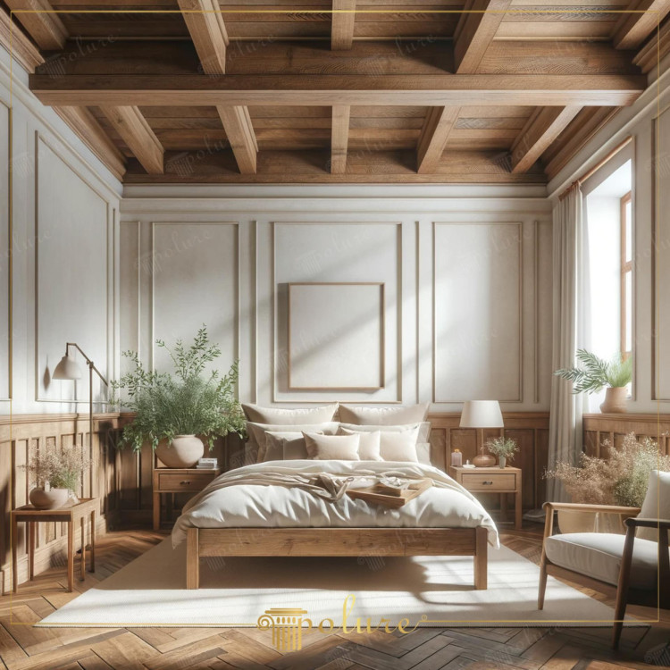 Rustic Bedroom Interior Enriched with Timeless Elegance Polyurethane Wooden Beams Polyurethane wooden beams are one of the cornerstones of rustic bedroom design, and these elements play a leading role in this interior. Polyurethane material, which reflects the warmth and naturalness of wood, surrounds the space with its real wood texture and adds an aesthetic depth from every angle. High ceilings, which make the bedroom feel large and spacious, are more spacious thanks to polyurethane beams. While the natural color palette and neutral tones create a peaceful environment in this rustic getaway, modern furniture and minimalist decor elements seamlessly combine traditional rustic design with modern comfort. Live plants and natural textile products used in the bedroom complete this idyllic picture.