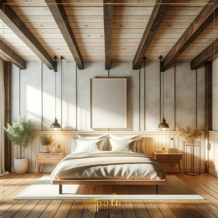 Rustic Bedroom with Polyurethane Wooden Beams and Natural Elegance <h2>Natural Elegance with Polyurethane Wooden Beams</h2><p>This rustic bedroom is characterized by its <strong>polyurethane</strong> wooden beams, which add structural character and warmth to the space. Their strong linear rhythm introduces a geometric pattern that harmonizes beautifully with the vertical lines on the wall panels. The result is a balanced composition where modern simplicity meets rustic authenticity.</p><p>The use of wooden finishes on the floor and ceiling creates an inviting continuity, enhancing the cozy atmosphere. Light wood tones contrast softly with the muted wall textures, ensuring a soothing balance. The addition of a minimal bed structure and low-profile nightstands emphasizes functionality without overwhelming the décor.</p><h2>Rustic Classic Interior Touches</h2><p>The arrangement highlights small details such as suspended pendant lights, ceramic vases, and soft textiles, which reinforce the natural feel of the interior. The muted geometrical motifs on the walls bring rhythm to the space while remaining subtle. In architectural history, exposed wooden beams were traditionally structural, and here polyurethane provides a lightweight, durable alternative that echoes that tradition while offering modern comfort.</p><p>A simple framed artwork above the bed acts as a focal point, contrasting with the vertical paneling. The careful play of shadow from the beams enhances the tactile qualities of the materials within the room. Every detail, from the layered bedding to the clean lines of furniture, contributes to an organic and timeless aesthetic.</p><ul><li><strong>Rustic</strong> harmony through muted tones</li><li><strong>Polyurethane</strong> beams mimicking natural textures</li><li>Subtle <strong>geometric</strong> wall motifs</li><li>Warm and minimalist <strong>interior</strong> design</li></ul>

<p>This bedroom showcases a rustic aesthetic defined by strong linear patterns. The ceiling stands out with <strong>polyurethane</strong> beams giving a sense of rhythm. These beams emulate the beauty of timber while offering durability. Muted vertical motifs on the walls add continuity. Warm toned flooring enhances the overall serenity. The bed design is minimalist and balanced. Contrasts appear between soft bedding and structured surfaces. Light plays delicately across the grain of the wood. Pendant lighting introduces a modern accent. Greenery uplifts the calm ambiance. The framed artwork becomes a subtle central focus. Shadows drawn by the beams enrich spatial depth. Every detail highlights <strong>natural</strong> sophistication. The balance feels both rustic and timeless. This interior embodies <strong>elegance</strong> in its purest form.</p>