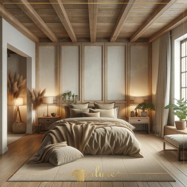Modern Rustic Bedroom with Polyurethane Beams and Classic Wooden Details <h2>Rustic Elegance with Polyurethane Beams</h2><p>The bedroom design showcases the seamless integration of <strong>polyurethane beams</strong> with natural wood finishes, reinforcing the rustic essence of the interior. The exposed ceiling beams highlight geometric repetition, adding rhythm to the space. These elements recall traditional wooden structures that were once core to rural European interiors, now reimagined for contemporary living.</p><h2>Warm Textures and Balanced Motifs</h2><p>A rich variety of textures defines the visual comfort of the room. Soft bedding in neutral tones, knitted blankets, and <strong>linen</strong> cushions complement the warm wood flooring. The wall paneling is arranged in vertical rectangular frames, creating a subtle rhythm and accentuating <strong>symmetry</strong>. This geometric motif lends an architectural balance resembling classical proportion systems.</p><p>The natural decorative accents, such as pampas grass and leafy plants, bring organic warmth that contrasts with the orderly structured panels. This combination of natural softness with structured patterns elevates the visual harmony of the room.</p><h2>Lighting and Modern Comfort</h2><p>Lighting plays a fundamental role in this modern rustic interpretation. <strong>Ambient lighting</strong> from side lamps and natural light from the expansive window create a layered effect. Shadows along the ceiling beams and wall panels highlight their form, enhancing texture and depth. This layered lighting, together with the geometric designs, establishes a calm yet sophisticated mood.</p><p>The arrangement incorporates understated furniture with clean lines, avoiding clutter. Natural hues, structural motifs, and a focus on material authenticity unify the rustic and modern styles.</p><ul><li>Exposed ceiling beams provide structural rhythm.</li><li>Wall paneling with rectangular motifs introduces balance.</li><li>Textured fabrics complement the warm wooden palette.</li><li>Plants and pampas grass soften the rustic framework.</li></ul><p>In architectural history, wood beams have been central to rustic dwellings, symbolizing endurance and connection to craftsmanship. This design retains that legacy, fusing tradition with modern refinement.</p>

<p>This rustic bedroom blends natural textures and structured geometry. Exposed <strong>polyurethane beams</strong> give the ceiling depth. Wall panels form balanced rectangular motifs. Neutral tones of beige and cream dominate the palette. Soft <strong>textiles</strong> such as linen and knits add comfort. Wooden flooring reinforces warmth throughout. Gentle lighting highlights ceiling details. Plants and pampas grass bring organic contrast. Symmetry balances rustic and modern harmony. Decorative shapes remain clean and linear. Proportional motifs recall classical design. Layered lights emphasize material textures. The room achieves inviting serenity. Modern comfort merges with rustic charm. Every element enhances cohesive atmosphere.</p>