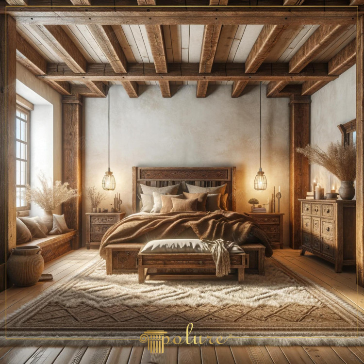 Camera da letto rustica con travi in poliuretano e dettagli in legno scolpito <h2>Atmosfera rustica con travi in poliuretano</h2><p>Le travi in <strong>poliuretano</strong> con finitura effetto legno offrono l'autenticità del design tradizionale senza il peso strutturale del materiale naturale. Questo le rende perfette per camere da letto dallo stile <strong>rustico</strong>, dove l’estetica calda e accogliente è fondamentale.</p><h2>Dettagli in legno scolpito</h2><p>Il letto, i comodini e la cassettiera presentano elaborati intagli a motivi geometrici e floreali che richiamano la tradizione artigiana. Le incisioni hanno un forte valore estetico e trasformano i mobili in elementi decorativi di rilievo.</p><h2>Accenti tessili e motivi geometrici</h2><p>Sul pavimento spicca un tappeto con disegni a rombi e bordature incise che donano movimento alla stanza. Coperte in lana marrone e cuscini in tonalità beige e sabbia rafforzano la sensazione di comfort. I tessuti naturali completano l'insieme con coerenza cromatica.</p><h2>Luce e materiali naturali</h2><p>Le grandi finestre permettono di sfruttare al massimo la luce naturale, mentre le lampade sospese con struttura metallica aggiungono un tocco industriale equilibrato. La presenza di vasi con spighe secche e candele profumate crea un’atmosfera rilassante e intima.</p><h2>Tocco storico</h2><p>Nell’antichità le travi in legno a vista erano caratteristiche delle case rurali europee, oggi reinterpretate anche con materiali innovativi come il poliuretano. Questa soluzione permette di mantenere il fascino storico senza rinunciare alla praticità.</p>

<p>Una camera da letto rustica con travi in <strong>poliuretano</strong> offre un ambiente caldo e accogliente. I mobili in legno scolpito arricchiscono lo spazio con dettagli unici. I comodini intagliati e il letto con incisioni floreali creano un fascino artigianale. Il tappeto con motivi geometrici a rombi aggiunge equilibrio visivo. Le tonalità beige e sabbia rafforzano la sensazione di naturale armonia. Le coperte morbide e i cuscini donano comfort. La luce naturale crea un’atmosfera serena. Le lampade sospese introducono un tocco elegante. I vasi con spighe secche evocano la natura. Le candele diffuse aggiungono intimità. Le travi decorative mantengono un carattere autentico. Il legno massiccio dialoga con materiali leggeri. L’equilibrio tra rustico e classico è evidente. Ogni dettaglio sottolinea uno stile coerente. L’insieme produce un ambiente raffinato e accogliente.</p>