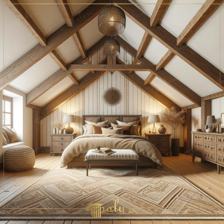 Modern Rustic Bedroom with Polyurethane Wooden Frame and Classic Geometric Details <h2>Modern Rustic Bedroom Design</h2><p>This bedroom illustrates a <strong>modern rustic</strong> interpretation by combining polyurethane wooden beams with natural elements. The slanted ceiling highlights prominent wood structures, bringing architectural rhythm into the space. Each angle of the frame accentuates clean geometry while maintaining a natural warmth.</p><p>The rug features a structured <strong>geometric pattern</strong> that provides visual balance against the wooden floor and emphasizes texture layering. Diamond and rectangular motifs appear subtle yet intentional, reflecting an interplay between order and softness. These strong linear details resonate with the wooden frame above, creating harmony across vertical and horizontal axes.</p><p>Furniture pieces, such as the solid wood dresser and side tables, showcase <strong>classic rustic</strong> craftsmanship, enriched by metal hardware details. The woven ottoman adds both functional seating and textural interest, breaking the dominance of sharp lines with soft curvature.</p><p>A central lighting fixture, suspended within the wooden beams, reinforces the rustic theme with its industrial-inspired design. Together with additional lamps on the side tables, layered lighting enhances intimacy and accentuates wood grain textures.</p><h2>Historic Note on Rustic Frames</h2><p>Wooden framework in rustic interiors has roots in medieval European architecture, where exposed beams symbolized structural honesty and stability. This design reinterprets such heritage with polyurethane finishes, creating durability while preserving the natural aesthetic.</p><p>Overall, the combination of <strong>textures</strong>, <strong>symmetry</strong>, and <strong>natural tones</strong> generates a calm yet sophisticated harmony, ideal for a cozy bedroom retreat.</p>

<p>This modern rustic bedroom uses exposed beams to create a balanced architectural rhythm. The polyurethane wooden frame provides durability without losing natural charm. A carefully placed bed with layered textiles enhances comfort and serenity. The dresser and side tables reflect a timeless rustic appeal. Lighting fixtures emphasize warm color tones across the ceiling. A refined geometric rug anchors the composition. Its linear details reinforce harmony with the beams. Natural wicker seating contributes tactile softness to the room. Symmetry in angles enriches spatial perception. Decorative objects highlight sophistication without clutter. Earthy tones maintain a grounded atmosphere throughout. Textures from wood and fabric link tradition with modern style. The interplay of soft fabric layers and solid structures achieves balance. A rustic yet modern sense of elegance prevails. These elements together define a cozy yet refined retreat.</p>