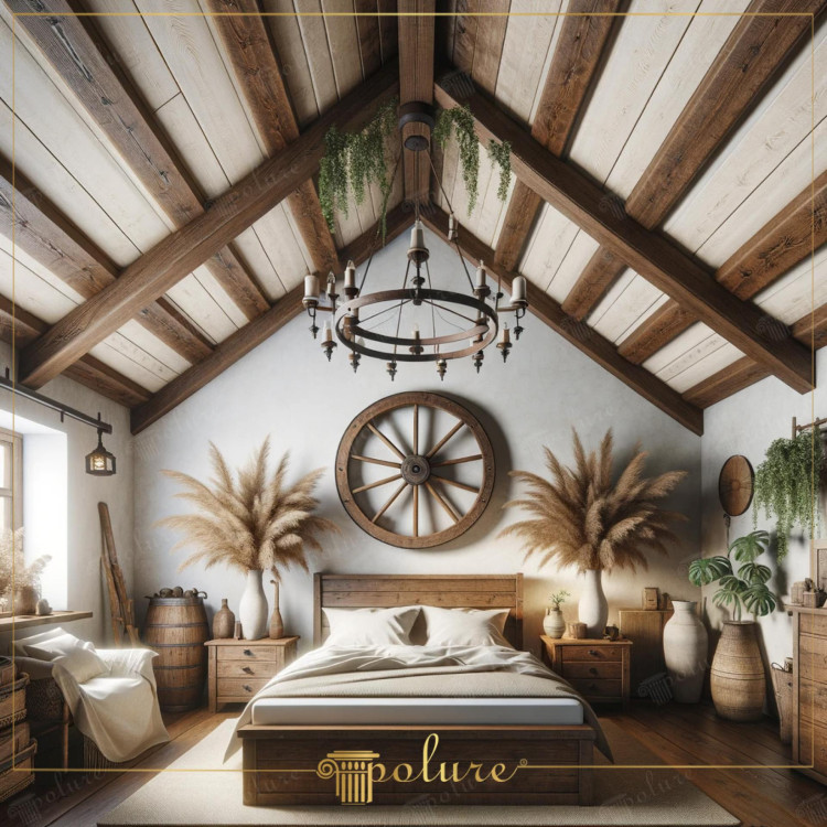 Modern Rustic Bedroom with Polyurethane Wooden Beams and Natural Accents <h2>Rustic Geometry and Warm Materials</h2><p>This modern rustic bedroom highlights the balance between minimal design and textured organic detail. The slanted ceiling with exposed <strong>wooden beams</strong> draws the eye upward, accentuating geometric symmetry and adding architectural character. The polyurethane finish gives the beams durability while maintaining an authentic natural look. Such beams echo the traditions of classical timber framing seen in old European chalets and barns, where exposed structures defined visual drama and strength.</p><p>The bed itself, framed in sturdy natural wood, sits at the heart of the room, supported by side tables that align with the rustic narrative. Decorative vases with tall pampas grass and lush plants soften the geometry, balancing straight lines with organic silhouettes. The chandelier, constructed with iron and wood details, reflects <strong>rustic lighting</strong> traditions often found in historical countryside homes.</p><h2>Decorative Accents and Composition</h2><p>An oversized wagon wheel placed centrally above the bed establishes visual rhythm and reinforces the motif of functional objects reimagined as decor. The room is also layered with simple textiles, woven baskets, and barrel elements that add tidiness to the rustic arrangement. Every piece connects through texture, scale, and shape.</p><p>The interplay of raw materials with intentionally soft accents builds a comfortable yet elevated design. It is a setting ideal for those aiming to merge <strong>modern rustic</strong> style with understated luxury. Historically, timber beams have been used prominently in Mediterranean and continental interiors to signal stability and craftsmanship; in this modern rendering, they provide heritage character while blending with contemporary comforts.</p><ul><li>Exposed <strong>polyurethane beams</strong> for durability and rustic texture</li><li>Central wagon wheel wall art for dramatic accent</li><li>Lush plants and pampas grass balancing geometry</li><li>Iron and wood chandelier with rustic medieval influence</li></ul>

<p>This bedroom integrates <strong>wooden beams</strong> with a polyurethane finish for a durable yet natural look. The slanted ceiling lines give structural emphasis and define rustic geometry. A central wagon wheel decor creates balance and visual symmetry. Wooden furniture highlights understated craftsmanship and warmth. The chandelier adds rustic lighting with medieval charm. Decorative vases with pampas grass soften sharp lines. Earthy pottery and woven baskets complete the arrangement. Plants bring organic freshness into the structured space. Textiles provide comfort while preserving simplicity. The mix of organic and geometric design defines modern rustic appeal. Historical references to timber framing enrich the interior narrative. The durability of <strong>polyurethane beams</strong> ensures long-lasting texture. Every element contributes to an inviting and refined atmosphere. The room merges <strong>modern rustic</strong> style with timeless comfort. The overall result is a bedroom that feels natural, elegant, and balanced.</p>