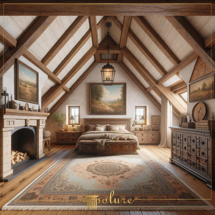 Elegant Rustic Bedroom with Polyurethane Beams and Classical Details <h2>Rustic Elegance with Polyurethane Beams</h2>
<p>The room is defined by its exposed <strong>polyurethane beams</strong> that mimic heavy timber, forming a striking triangular geometry across the ceiling. These beams create a sense of rhythm and structure, framing the entire sleeping area in a warm wooden tone. Their precise placement amplifies the architectural depth while blending with the soft neutral walls.</p>
<p>A large stone-textured fireplace anchors one side of the room, adding depth and timeless charm. Historically, stone fireplaces have served as both functional and decorative elements in classical interiors, and here they are complemented with finely crafted wood furniture.</p>

<h2>Intricate Furniture and Decorative Elements</h2>
<p>The central bed is flanked by wooden nightstands, while an ornate chest at its foot features carved motifs that echo rustic artistry. On the opposite side stands a robust dresser, adorned with detailed geometric engravings. A lantern-style chandelier, suspended from the ceiling’s axis, illuminates the design, balancing rustic charm with classical inspiration.</p>
<p>The use of strong patterns is evident in the large carpet, which displays symmetrical floral and medallion motifs in muted browns, soft blues, and creams. This patterned rug is not only visually engaging but also connects the themes of tradition and coziness.</p>

<h2>Art and Atmosphere</h2>
<p>Framed landscape paintings depicting serene countrysides enhance the timeless rustic narrative. The decorative integration of artwork with heavy beams and carved woodwork demonstrates a careful interplay of texture and form. Each element—the beams, carpet motifs, stone fireplace, and paintings—builds a cohesive, peaceful yet richly detailed bedroom ambiance.</p>

<p>This rustic bedroom design brings together <strong>polyurethane beams</strong>, carved wood, and elegant detailing to form a sophisticated interior. The vaulted ceiling is emphasized by the strong triangular geometry of the beams. A stone fireplace adds historical charm while grounding the space. The central bed, framed by carved nightstands, continues the rustic theme. A chest at the bed’s foot features decorative engravings. The dresser showcases detailed geometric inlays that enhance visual richness. A large patterned rug with medallion and floral motifs unifies the floor. Muted tones of beige, cream, and wood make the palette timeless. A lantern chandelier adds focal illumination. Artwork featuring pastoral landscapes contributes serenity. Natural light filters softly through small windows. The room feels both airy and intimate. Traditional rustic elements are balanced with classical refinement. Geometric harmony defines the composition. The result is a warm retreat with enduring elegance.</p>