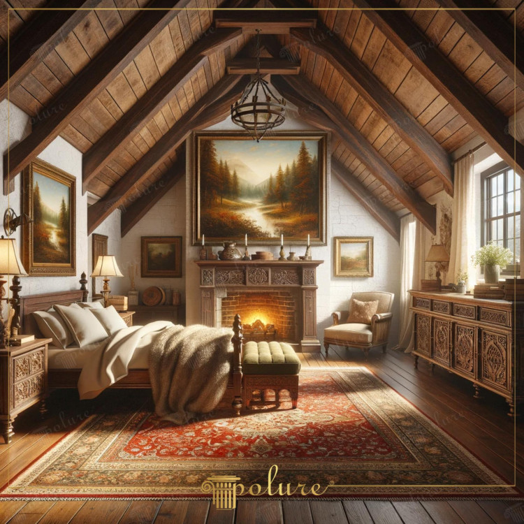 Modern Rustic Classic Bedroom with Polyurethane Details and Artistic Motifs <h2>Fusion of Rustic Warmth and Classic Elegance</h2>
<p>The bedroom design presents a striking combination of <strong>rustic</strong> charm and <strong>classic</strong> artistry. Wooden beams on the sloped ceiling immerse the space in natural warmth, while a stone-toned wall and detailed fireplace add depth and sophistication. The polyurethane applications highlight precise carving patterns, giving the furniture a distinctive ornamental quality.</p>

<h2>Decorative Motifs and Carved Details</h2>
<p>The chest of drawers, nightstands, and bed feature delicate, symmetrical carvings inspired by heritage designs. These patterns echo ancient European decorative principles, where geometric repetition and floral ornamentation were central to interiors. The Persian-style carpet, with its red center framed by golden geometric borders, contributes a striking layer of artistry and historical resonance.</p>

<h2>Textures, Colors, and Atmosphere</h2>
<p>A finely carved Ottoman at the foot of the bed adds to the sense of refinement, while the plush throw blanket softens the visual rhythm. Earthy tones dominate, with light from the window enhancing the contrast between the dark carved wood and the luminous textiles. Carefully chosen paintings above the fireplace and throughout the room reflect natural landscapes, reinforcing a calm and inspiring mood.</p>

<h2>Historical Influence</h2>
<p>Classic interior design often borrowed from traditions of architectural detailing such as Ionic and Corinthian columns, where decorative motifs held symbolic power. This bedroom reflects that legacy by integrating carved polyurethane elements reminiscent of those ornamental approaches, yet maintains a modern sensibility in its balance and comfort.</p>

<p>This bedroom merges <strong>rustic</strong> warmth with <strong>classic</strong> refinement to produce a timeless atmosphere that feels inviting and elegant. The sloped wooden ceiling establishes a strong architectural feature that amplifies the cozy attic character. Polyurethane details emphasize precision carving and support the highly ornamental aesthetic. Carefully placed natural light enhances wood textures and soft textiles for a balanced finish. The richly decorated fireplace stands as the central statement, blending artistry with practicality. Traditional paintings echo serene nature and complete the classical mood. The Persian-style rug with deep red and golden accents highlights historical depth and layer. Its geometric borders and floral motifs provide cultural resonance and fine detail. Nightstands, headboard, and dressers all present intricate carvings for visual harmony. Subtle symmetry throughout the furniture motivates a refined decorative order. The ottoman at the bed’s foot illustrates practical luxury while reinforcing design accents. Warm color tones prevent heaviness and sustain visual lightness. Detailed craftsmanship creates an atmosphere beyond simple decoration. Harmony between modern comfort and heritage artistry defines the character. Altogether it forms a polished composition that elevates rustic architecture with classical strength.</p>