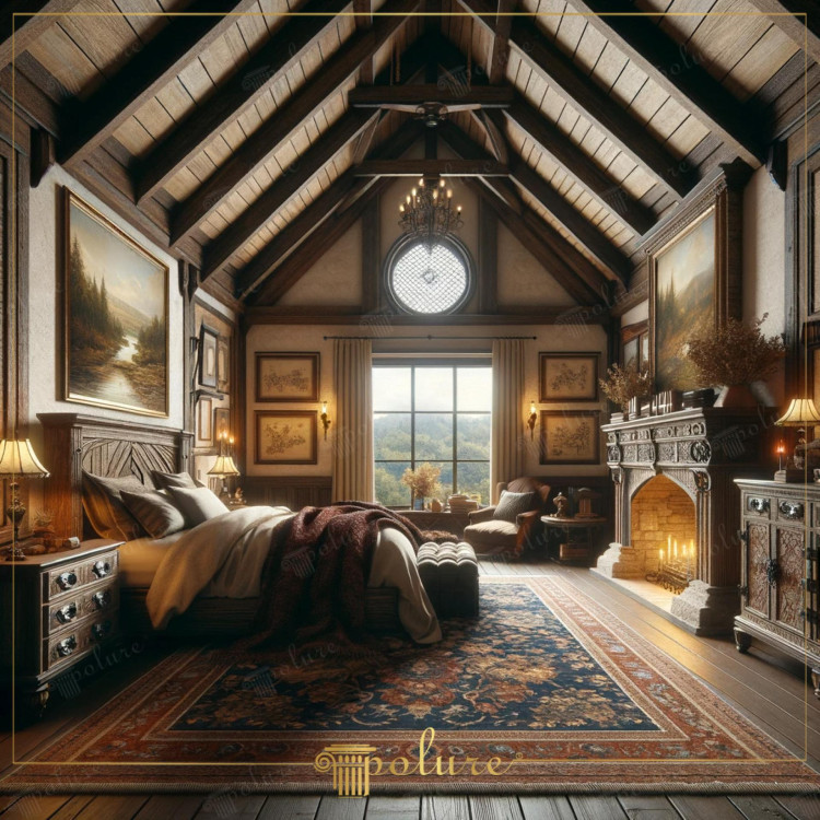 Rustic and Classic Bedroom Design with Polyurethane Beams <h2>Rustic Elegance Enhanced with Polyurethane Beams</h2>
<p>The design of this bedroom demonstrates a perfect union of <strong>polyurethane</strong> details and natural rustic textures. The slanted wooden ceiling highlights bold beams, crafted with subtle yet expressive carvings that bring structural harmony and depth. These polyurethane beams provide a durable and lightweight option compared to natural wood, while preserving the visual authenticity of a rustic retreat.</p>

<h2>Motifs and Patterns that Define the Atmosphere</h2>
<p>The richly woven carpet introduces complex <strong>geometric</strong> and floral motifs, with a palette that enhances the warmth of the surrounding wooden tones. Its border framing and intricate weaving embody classical design traditions, which complement the carved reliefs of the fireplace and the luxurious drapery. Historic reference to medieval European interiors, where exposed roof structures and ornate textiles dominated, is softly echoed here.</p>

<h2>Classical Ornamentation and Functional Symmetry</h2>
<p>The ornate fireplace, carved from stone and detailed with symmetrical reliefs, acts as the architectural centerpiece. Two wall-mounted lamps, balanced beside the bed, ensure proportional harmony while enhancing the <strong>decorative</strong> rhythm of the composition. The presence of large framed oil paintings contributes a timeless mood, with landscape scenes that connect the interior to an imagined broader horizon.</p>

<h2>Tactile Comfort and Timeless Unity</h2>
<p>The atmosphere balances <strong>elegance</strong> with comfort by embedding plush textures, soft bedding, and warm illumination. The polyurethane beams replicate traditional woodcraft yet resist wear, a reminder of modern innovation serving a classical narrative. Each motif, from the crown molding to the circular window pattern, contributes to a cohesive interior language that merges <strong>rustic</strong> authenticity with refined symmetry.</p>

<p>This rustic bedroom combines wood and polyurethane beams to create authentic structure. The steep ceiling emphasizes dramatic lines with precise patterns. Ornate carvings on the fireplace showcase classical detailing. Decorative motifs tie the different elements together. The rug highlights intricate floral and geometric forms. Warm lighting from candles and lamps increases intimacy. Paintings with landscape themes enhance timeless aesthetics. Symmetry between wall lamps and furniture ensures order. Polyurethane elements maintain visual tradition while improving durability. Classical references are evident in the ornamental reliefs. Natural tones of wood balance the bold artistry. Polyurethane blends rustic strength with delicate accents. Elegant patterns on textiles anchor the design. Cohesion arises from repeating details across surfaces. This room illustrates how <strong>polyurethane</strong>, <strong>rustic</strong> beams, and <strong>elegance</strong> unite in one space.</p>
