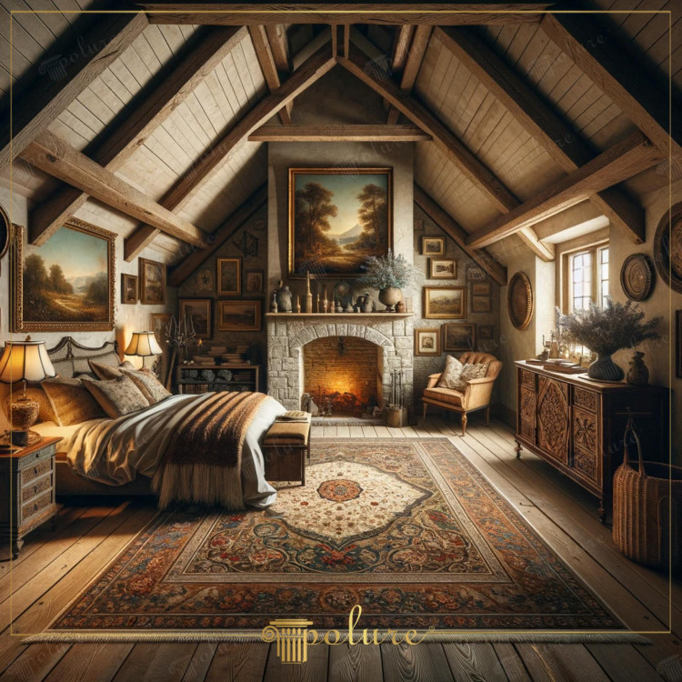 Modern Interpretation of Rustic Values, Magnificent Bedroom Design with Polyurethane Beams Rustic decoration plays a key role in the meeting of natural textures and traditional designs with modern living spaces. This bedroom, enriched with polyurethane beams and rafters, reflects the perfect combination of aesthetics and comfort by presenting the warmth and naturalness of rustic style from a contemporary perspective. The room in the picture is a product of this design philosophy, both visually and visually. It offers an impressive and practical use. The polyurethane beams covering the ceiling are produced faithfully to the texture of real wood and give the space an authentic look. These beams blend the lightness and durability of modern materials with the aesthetics of traditional wooden beams. The furniture and accessories gathered around the fireplace bear the traces of a decoration concept inspired by the past. The large patterned carpet used in the bedroom and the artworks on the walls complement the general theme of the space, presenting rustic and classical beauties in a modern framework. Each decorative element transforms the room from just a sleeping area into a peaceful and inviting living space. This bedroom is a place to get away from today's fast pace and return to the calmness of the past. It offers an ideal escape point for those who want to get away. The rustic bedroom designed with polyurethane beams appears as a design inspiration that can be applied in every home.