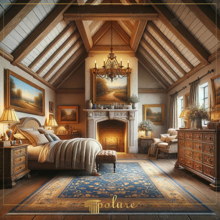 Rustic and Classic Bedroom Design with Polyurethane Beams <h2>Rustic Elegance with Polyurethane Beams</h2><p>The bedroom reflects the charm of a rustic retreat while embracing classical accents that elevate its timelessness. The ceiling is highlighted by exposed <strong>polyurethane beams</strong> that resemble natural wood, giving the room structural rhythm and warmth. These beams not only serve as architectural features but also provide decorative depth, blending rustic craft with refined finish.</p><p>A large stone <strong>fireplace</strong> anchors the space with carved classical motifs, reminiscent of historical European interiors. Above the mantel, landscape paintings add poetic character, linking nature’s serenity with decorative sophistication. The chandelier, with its intricate ironwork and candle-style lights, enhances the nostalgic classic aesthetic.</p><h2>Textures, Patterns, and Ornamentation</h2><p>The wooden floor is softened by a dominant rug featuring blue and golden <strong>floral motifs</strong> arranged in finely woven geometric medallions. This carpet design adds elegance to the interior, combining rustic grounding with aristocratic detail. The rich fabric of the upholstered furniture further emphasizes comfort while maintaining a classic sensibility.</p><p>Cabinets and drawers are adorned with ornate carvings and vintage hardware, reflecting a tradition of artisanal furniture. Draped curtains in soft tones filter the natural light from tall windows, balancing practicality and beauty. These layers of materials and patterns work together to establish a seamless fusion between rustic charm and classical composition.</p><h2>Historical Influence</h2><p>The classical carvings on the fireplace and the layout of structural beams draw subtle influence from medieval European timbered houses and neoclassical decorative traditions. This historical continuity provides authenticity, while modern materials like <strong>polyurethane</strong> allow practicality and durability without compromising aesthetics.</p><p>Overall, the room combines <strong>rustic design</strong> with classical refinement, producing a warm, luxurious, and inviting atmosphere ideal for rest and inspiration.</p>

<p>This bedroom merges rustic charm with classical refinement through carefully crafted details. Textured <strong>polyurethane beams</strong> replicate timber, bringing warmth and rhythm to the ceiling. The carved stone <strong>fireplace</strong> commands attention, adding grandeur and classical heritage. A chandelier with delicate metalwork enhances nostalgic appeal. The richly patterned rug with intricate <strong>floral motifs</strong> ties colors together with golden and blue contrasts. Soft fabric drapery filters light, balancing elegance and privacy. Wooden furniture with decorative carvings reflects craftsmanship and durability. Landscape paintings enrich atmosphere with pastoral serenity. Comfortable upholstered chairs extend relaxation into a timeless corner. Decorative drawers add storage while showcasing antique character. Natural light plays on the textures of wood and stone. The overall palette emphasizes warm tones guided by period inspiration. The ceiling design subtly echoes medieval forms. Integrated details create a fusion between rustic and classical identity. The atmosphere encourages tranquility, sophistication, and a deep sense of harmony.</p>