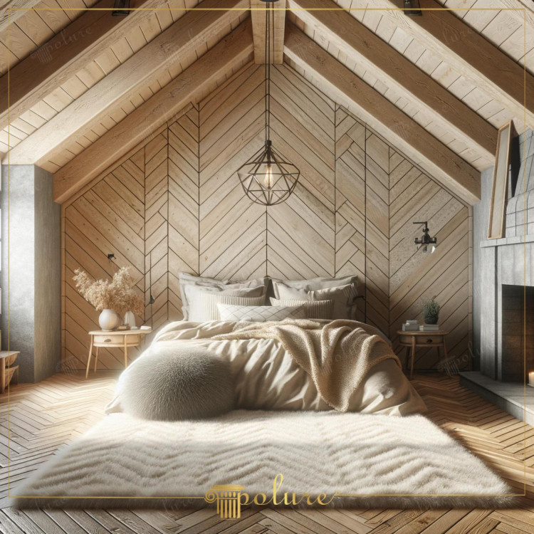Rustic and Minimalist Bedroom with Polyurethane Beams and Chevron Patterns <h2>Rustic Structure with Polyurethane Beams</h2><p>The use of <strong>polyurethane beams</strong> brings both visual strength and lightweight functionality to this bedroom. Their placement across the sloped ceiling highlights the triangular geometry of the attic space, providing a sense of rhythm and architectural coherence.</p><h2>Chevron Geometry and Wood Patterns</h2><p>The walls and floor exhibit a continuous <strong>chevron pattern</strong>, which enhances the rustic mood while remaining sleek and contemporary. This repetition of directional lines creates depth, guides the eye toward the bed, and unifies the ceiling, wall, and floor surfaces seamlessly.</p><h2>Minimalist Furnishing and Textures</h2><p>The furnishings are simple yet refined—neutral bedding layered with textured throws, a circular accent pillow, and a large fluffy rug. The rug’s tactile surface echoes the diagonal motifs of the wood patterns, adding softness against the angular geometry.</p><h2>Rustic Modern Details</h2><p>The pendant light above the bed features a geometric metal frame that contrasts with the natural wood finishes, balancing rustic warmth with <strong>minimalist</strong> accents. The bedside tables and ceramic vases maintain functionality with understated elegance.</p><h2>Historic Inspiration</h2><p>Chevron and herringbone motifs date back to ancient Roman times, where they were used in masonry and flooring. This subtle historical link enhances the room’s rustic authenticity while merging timeless design with modern comfort.</p>
<p>This bedroom embraces rustic charm with exposed <strong>polyurethane beams</strong> that define its sloped attic ceiling. Chevron wood paneling spreads uniformly across walls and floors, enhancing architectural harmony. The geometric rhythm of the wooden planks reinforces a calm, cohesive feeling. The bed is dressed in layered, textured linens that highlight a neutral color palette. A plush rug introduces tactile comfort against the hard wood surfaces. Subtle lighting, including a polygonal pendant, balances rustic and modern tones. Side tables with simple decor maintain functional elegance. Natural light enhances the geometry of the room throughout the day. Warm wooden patterns emphasize timeless craftsmanship. The <strong>chevron pattern</strong> unifies ceiling, wall, and floor seamlessly. The neutral tones create a minimalist backdrop for rustic details. Carefully chosen decor ensures balance between sophistication and simplicity. The circular accent cushion contrasts with angular geometry. The overall style blends <strong>rustic</strong> authenticity with contemporary restraint. This design demonstrates how <strong>minimalist</strong> principles amplify natural textures.</p>