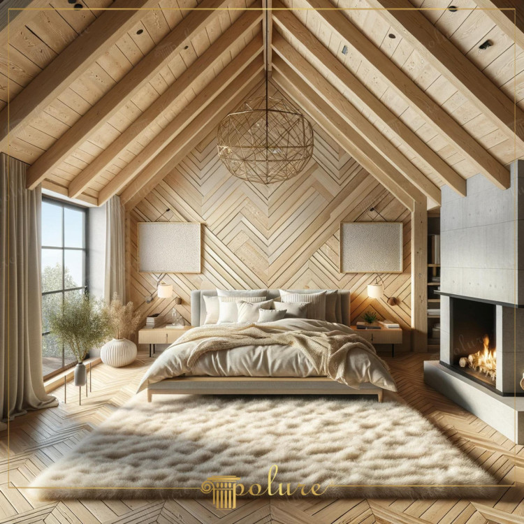 Modern Rustic Bedroom with Polyurethane Beams and Chevron Wood Patterns <h2>Modern Rustic Atmosphere with Polyurethane Beams</h2><p>The bedroom is structured with an A-frame ceiling enriched by <strong>polyurethane</strong> beams that create an architectural rhythm. This choice not only emphasizes rustic tradition but also ensures durability with a lightweight material solution.</p><p>The ceiling and walls feature carefully arranged chevron and herringbone geometry, where each angle enhances continuity and movement across the surfaces. These <strong>geometric patterns</strong> anchor the rustic theme and highlight craftsmanship.</p><p>On the floor, natural wooden planks repeat the herringbone arrangement, guiding the eye toward the central focal point, the bed. A voluminous soft rug balances the strict lines with its organic texture, contrasting the geometry with comfort.</p><h2>Harmonized Decor Elements</h2><p>The chandelier with its metallic wireframe sphere reflects a more modern edge, offering soft dispersion of light against the stronger wooden backdrop. Neutral fabrics and bedding layer softness onto the structure, reinforcing a sense of calm.</p><p>Historical echoes of timber beams used in classical European interiors remind us how rustic architecture has long emphasized exposed structural elements, while today’s <strong>modern rustic</strong> approach refines these features with minimalism.</p><ul><li>Chevron ceiling and wall panels emphasize order and movement.</li><li>Neutral color palette maintains an airy, warm mood.</li><li>Contrasts between <strong>natural textures</strong> and geometric details add depth.</li><li>The fireplace anchors tradition while enhancing <strong>warmth</strong> in modern elegance.</li></ul>

<p>This modern rustic bedroom uses <strong>polyurethane</strong> beams to establish a structured aesthetic. Chevron and herringbone panels create a sense of movement and detail. The ceiling design emphasizes geometric continuity. A soft cream rug offsets sharp structural lines. The chandelier adds a geometric statement with lightness. Natural light flows through large windows enhancing warmth. <strong>Rustic</strong> wood tones build visual comfort in every corner. The symmetrical layout emphasizes calm and balance. The stone-toned fireplace anchors the space in solidity. Subtle textiles soften the visual density of wood. <strong>Modern rustic</strong> style emerges through fusion of tradition and minimalism. Patterns of wood reinforce consistency from floor to ceiling. Neutral colors keep the space bright and soothing. Furniture remains minimal so surfaces can stand out. Ultimately, the design blends geometry, warmth, and intimacy.</p>