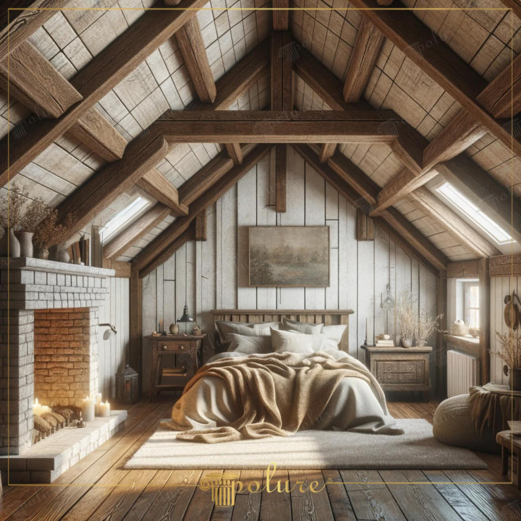 Rustic and Classic Bedroom Design with Polyurethane Beams <h2>Rustic Aesthetics with Polyurethane Beams</h2><p>The bedroom embraces a combination of rustic and classic style through the use of exposed <strong>polyurethane beams</strong> that replicate the texture and grain of real timber. These beams frame the vaulted ceiling, drawing the eye upward and reinforcing a sense of architectural harmony. Their angled positioning complements the steep roofline, producing an elegant geometry that balances strength and aesthetics.</p><h2>Textures and Materials</h2><p>The interior highlights natural surfaces with a smoky gray stone fireplace that radiates warmth. The furniture, including a carved wooden headboard and side tables, adds a handcrafted quality that enhances the <strong>rustic design</strong>. Soft textiles, including a woven blanket and neutral-toned bedding, introduce a welcoming layer of comfort. The knitted pouf and natural fibers within the decor further strengthen the tactile appeal.</p><h2>Light and Atmosphere</h2><p>The skylights allow daylight to pour across the interior, activating the entire color palette of beige, white, and brown. Candles near the fireplace introduce soft illumination, augmenting the serene and intimate atmosphere. This lighting design underlines the calm qualities of <strong>classic elegance</strong>.</p><h2>Historical Inspiration</h2><p>Decorative beams have their origins in medieval timber construction, where exposed structures conveyed both strength and prestige. Today, <strong>polyurethane beams</strong> recreate this look with modern durability, providing stylistic depth without the maintenance requirements of natural wood.</p><h2>Decorative Harmony</h2><p>Neutral walls with vertical paneling establish rhythm in the composition, contrasting gently with the angled wooden structures. The use of dried plants in pottery vessels and the restrained inclusion of rustic motifs keep the decor balanced. Each element—from the flowing blanket to the textured carpet—adds visual rhythm, supporting the theme of timeless <strong>bedroom design</strong>.</p>

<p>This rustic bedroom design combines polyurethane beams with classic elegance. The sloped ceiling is highlighted by strong wooden geometry. Natural light from skylights balances the warm tones of textiles. A stone fireplace adds both charm and tradition. Neutral panels reinforce architectural rhythm. Polyurethane beams provide durability with authentic visual texture. Wooden furniture enhances the rustic atmosphere. A woven blanket brings tactile richness to the bed. Decorative vases filled with dried plants complete the natural touch. Soft candlelight enhances serenity in the room. Historical reference to exposed beams enriches the context. Warm earthy tones create visual cohesion. Knitted fabrics complement classic rustic style. The composition merges durability and comfort. This approach defines timeless <strong>rustic bedroom design</strong>.</p>
