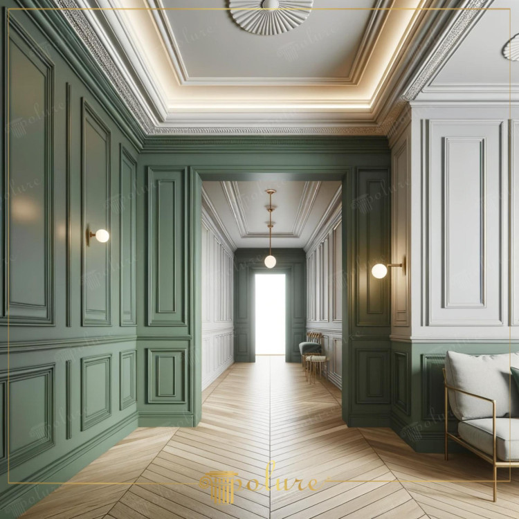 Neo-Classical Inspiration in Corridor Decoration, Modernized Areas with Polyurethane Slats and Skirtings Corridor decoration is the unifying force in the interior design of the house, and it is possible to achieve the perfect harmony of neo-classical influences and modern lines with polyurethane lath, border, plasterboard and skirting models. The corridor in the picture offers an impressive example of this balance, reviving classical architectural details from a contemporary perspective. Panels in elegant green tones and white ceiling. The sharp contrast between the floor and the floor adds a sophisticated atmosphere to this area. The use of polyurethane materials highlights the practical aspects of the decoration, while at the same time offering an elegant and lasting aesthetic. The plasterboard decorating the ceiling combines traditional decorative art with the advantages of modern materials. The laths and skirting boards framing the walls create a visual depth by emphasizing the dimensions of the corridor and strengthens the overall aesthetics of the space. The use of polyurethane details in corridor decoration not only adds beauty, but also protects your living spaces for a long time with features such as durability and ease of maintenance. The corridor shown in this picture adds elegance and functionality to your daily life by making the modern interpretation of neo-classical design accessible to every home.