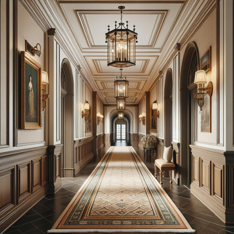 Neoclassical Corridor with Polyurethane Details and Elegant Geometric Motifs <h2>Neoclassical Corridor Design with Polyurethane Elements</h2><p>The corridor exemplifies the grandeur of <strong>neoclassical</strong> architecture, highlighting wall paneling and intricate polyurethane details. The ceiling features recessed rectangular compositions, reinforcing the balance and rhythm often associated with historic classical spaces. These elements, combined with lantern chandeliers and symmetric sconces, create an atmosphere rooted in refinement.</p><p>The use of <strong>polyurethane</strong> ornamentation ensures durability while delivering finely carved lines and smooth surfaces. Decorative moldings frame the ceiling and upper walls, providing structure and drawing inspiration from classical antiquity. The wooden tones of the wainscoting contrast elegantly with lighter wall textures, accentuating the geometric definition and depth of the corridor.</p><p>The long runner carpet introduces <strong>geometric motifs</strong>, including diamond and lattice patterns, adding visual flow and reinforcing the symmetry of the setting. The detailed border frames the central design, guiding perspective toward the doorway at the end of the hall. Historically, such geometric arrangements were favored in European noble houses to emphasize order and cultural sophistication.</p><p>This design integrates framed paintings, upholstered bench seating, and recessed arches to embellish the spatial experience. Together, the lighting, textures, and wall structures exemplify how <strong>classical decoration</strong> can be reinterpreted with modern materials, particularly through the versatile application of polyurethane panels and ceiling accents.</p><ul><li>Symmetry emphasized by repetitive arches and moldings</li><li>Polyurethane used for finely detailed ornamentation</li><li>Lantern-style chandeliers contributing to warm classical light</li><li>Geometric carpet motifs harmonizing with architectural lines</li><li>Wall paneling grounding the design with structured elegance</li></ul>
<p>This neoclassical corridor highlights elegant wall paneling and refined <strong>polyurethane</strong> details. The ceiling showcases structured rectangular frames that emphasize rhythm and balance. Lantern chandeliers provide warm and classical illumination. Symmetrical sconces reinforce the harmony of proportions. The long hallway conveys depth through patterned flooring. A runner carpet introduces <strong>geometric motifs</strong> that guide the gaze forward. Detailed diamond and lattice patterns enrich the corridor’s artistic presence. Dark-toned wainscoting contrasts with softly textured walls. Framed artworks complement the architectural composition. Upholstered seating offers comfort amidst grandeur. Repetitive arches define the length of the space. Classical influence is evident in every proportional choice. <strong>Neoclassical</strong> decoration merges antique inspiration with modern materials. The use of <strong>polyurethane</strong> ensures lasting and precise detail. The entire design represents timeless sophistication and structural refinement.</p>
