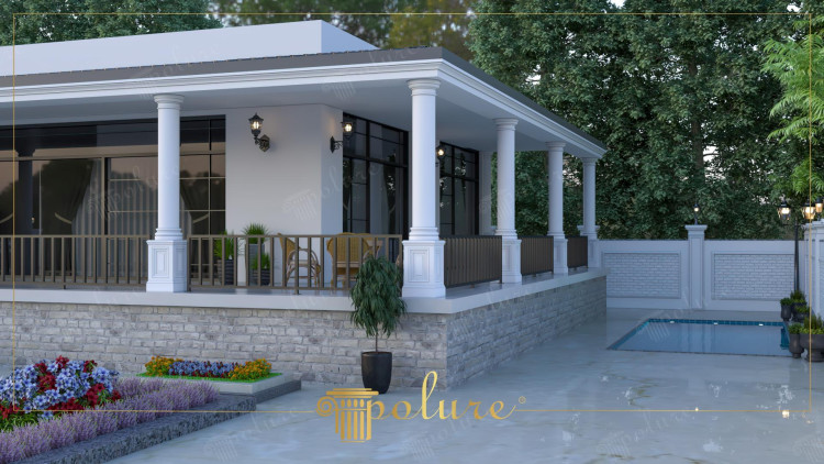 Veranda classica moderna con colonne in poliuretano e dettagli decorativi <h2>Veranda moderna con colonne classiche</h2><p>La combinazione di dettagli in <strong>poliuretano</strong> e linee moderne offre un aspetto distintivo a questa veranda che circonda la villa. Le colonne regolari con capitelli semplici e basamenti a motivi geometrici creano una presenza elegante e senza tempo.</p><p>Le <strong>colonne decorative</strong> non sono solo elementi estetici, ma contribuiscono alla simmetria dell’ambiente esterno e valorizzano l’ingresso e la zona relax. I motivi a pannello sui basamenti richiamano lo stile neoclassico, con un rimando discreto alle tradizioni doriche e ioniche dell’antichità.</p><p>Il contrasto tra la base in pietra grigia e il corpo superiore bianco intensifica l’armonia cromatica, mentre le grandi vetrate nere danno continuità tra interno ed esterno. Le decorazioni in <strong>poliuretano</strong> assicurano leggerezza visiva unita a durabilità e resistenza.</p><p>Il corrimano lineare in tono scuro si oppone al bianco puro delle colonne, equilibrando modernità e classicismo. La disposizione floreale e il piccolo specchio d’acqua completano la scena con tocchi naturali e freschezza, accrescendo la qualità del relax in veranda.</p><ul><li>Uso di <strong>modanature</strong> leggere e resistenti.</li><li>Contrasto visivo tra pietra, vetro e superfici bianche.</li><li>Richiamo stilistico all’architettura classica in chiave contemporanea.</li></ul><p>Una breve nota storica: le colonne, fin dall’architettura greca antica, sono state simbolo di stabilità e prestigio, qui reinterpretate con materiali innovativi e design sobrio.</p>

<p>Questa veranda unisce lo stile moderno con dettagli classici in modo armonioso. Le colonne in <strong>poliuretano</strong> risaltano per le loro forme solide e leggere insieme. I basamenti presentano motivi geometrici che aggiungono eleganza senza eccesso. La pietra grigia della base crea un contrasto naturale con il bianco delle superfici. Le balaustre scure esaltano la linearità contemporanea. L’uso del <strong>poliuretano</strong> garantisce funzionalità e resistenza agli agenti esterni. Le grandi vetrate amplificano la luminosità degli ambienti interni. Le <strong>colonne decorative</strong> diventano protagoniste architettoniche della scena. L’illuminazione con lanterne a parete rafforza il carattere classico. La piscina accanto alla veranda dona equilibrio e freschezza. Le aiuole fiorite completano l’atmosfera con tocchi vivaci. Lo stile complessivo è un perfetto esempio di fusione tra tradizione e innovazione. L’impianto architettonico richiama sobrietà e raffinatezza. I dettagli modulari in poliuretano offrono praticità e durata. Questa veranda rappresenta un’icona di comfort e bellezza senza tempo.</p>