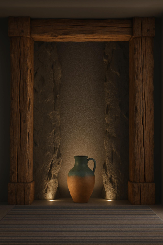 Rustic Living Room Decoration with Polyurethane Rock Panels and Wooden Frame <h2>Rustic Living Room Design with Natural Textures</h2><p>This rustic living room concept explores the integration of <strong>polyurethane</strong> rock panels and timber framing to recreate the authenticity of traditional interiors. The alcove is marked by rough-hewn wood beams, exhibiting detailed grain patterns and weathered texture. These elements evoke the natural strength of <strong>wood</strong> construction seen in old rural architecture, offering a timeless aesthetic.</p><p>At the center, a terracotta jug with a soft green glaze sits gently illuminated, presenting both functionality and artistry. The jug introduces a handcrafted element that enhances the sense of lived-in warmth. Subtle lighting creates shadows across the rough surface of the <strong>stone</strong>-like panels, making the wall appear naturally carved.</p><h2>Material Balance and Decorative Harmony</h2><p>The design highlights the synergy between rugged materials and precise light positioning. The <strong>polyurethane</strong> panels simulate natural stone, while the vertical and horizontal wooden beams frame the alcove with rhythm and proportion. The striped flooring below adds a geometric consistency that counters the organic irregularities of rock and wood.</p><p>Historically, niche-style alcoves adorned with ceramics trace back to Mediterranean and classical interiors, where objects of daily use were displayed decoratively. This subtle nod to history enriches the space, giving it both cultural depth and contemporary relevance.</p><ul><li>Use of natural-toned surfaces for warmth</li><li>Integration of <strong>rustic</strong> elements with clean flooring patterns</li><li>Focused lighting to emphasize texture</li><li>A handcrafted jug as a focal artistic element</li></ul><p>Together, these features compose a versatile and inviting interior that blends traditional craftsmanship with modern rustic design.</p>

<p>This rustic living room concept blends rough <strong>wood</strong> beams with textured <strong>stone</strong>-like panels for authentic character. The alcove design showcases balance between earthy <strong>polyurethane</strong> materials and natural artistry. A terracotta jug with green glaze is highlighted through warm directional light. The jug introduces handcraft tradition into the setting. Wood beams frame the recessed area with strong vertical and horizontal lines. Soft lighting emphasizes subtle surface imperfections. The striped flooring adds measured geometry to contrast rugged textures. This approach allows rustic and modern ideas to coexist harmoniously. Historical resonance with Mediterranean niches adds cultural depth. The jagged textures create organic visual movement. Strategic material combination enhances spatial rhythm. Warm natural tones keep the atmosphere inviting. The composition demonstrates timeless rustic elegance. Integrated details form a cohesive interior design. The overall effect is authentic and contemporary simultaneously.</p>