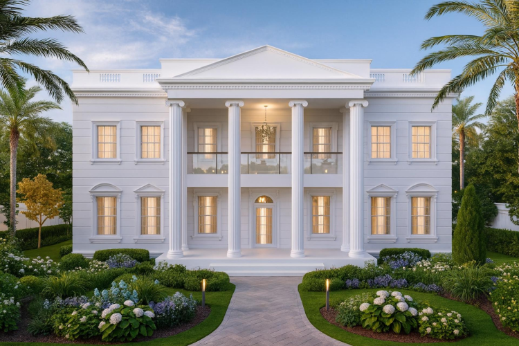 Neoclassical Villa Facade with Polyurethane Columns and Elegant Exterior Design <h2>Timeless Classical Elegance in a Modern Villa</h2>
<p>The facade of this villa demonstrates an elegant fusion of traditional <strong>neoclassical</strong> architecture and modern materials. Four tall <strong>polyurethane columns</strong> dominate the entrance, supporting a prominent triangular pediment that recalls the grandeur of Greek and Roman temples.</p>
<p>The window frames are vertically aligned, producing a sense of symmetry and order. Their decorative moldings include subtle arches and frames that emphasize classical proportions, while the facade's surface is articulated with evenly spaced pilasters.</p>
<p>Polyurethane provides both durability and precision, allowing sharp details in the <strong>decorative elements</strong> such as cornices, balustrades, and column capitals. Its resilience against weathering makes it an ideal material for exterior ornamentation without compromising on the finesse of the classical look.</p>
<p>The villa’s landscaping enhances the overall aesthetic, combining geometrically arranged flowerbeds with organic curves to contrast the architectural straight lines. Clusters of hydrangeas and carefully trimmed shrubs frame the path leading toward the entry, reinforcing the sense of grandeur.</p>
<p>A brief historical note: the use of columns in residential villas was inspired by classical antiquity, especially Doric and Ionic orders. Here, the column form is adapted in a simplified neoclassical manner, ensuring visual strength and elegance while resonating with modern construction practices.</p>
<ul>
<li>Symmetrical window composition with ornate frames</li>
<li>Grand entry with four tall polyurethane columns</li>
<li>Triangle pediment recalling antique temples</li>
<li>Harmonious blend of structured architecture and lush garden</li>
</ul>
<p>In conclusion, this villa represents a refined example of <strong>classical exterior design</strong>, highlighting proportion, geometry, and ornamental precision, seamlessly integrated with contemporary materials.</p>

<p>This villa showcases a striking example of <strong>neoclassical</strong> architecture applied to a modern residence. Its symmetrical facade conveys order and balance. The tall <strong>polyurethane columns</strong> give structural elegance to the entrance. Window frames feature molded arches that provide rhythm across the surface. A triangular pediment crowns the upper structure with authority. The exterior is painted crisp white to emphasize geometric precision. Polyurethane materials ensure long-lasting detail. Decorative <strong>motifs</strong> highlight subtle shadows under natural light. Carefully aligned pilasters reinforce vertical proportions. Landscaping balances rigid architectural lines with lush greenery. Hydrangeas and trimmed shrubs create depth against the facade. The pathway leads visitors directly toward the grand entry. Soft lighting adds warmth at dusk. This design merges tradition with durability. It demonstrates how classical architecture can remain relevant in modern luxury.</p>